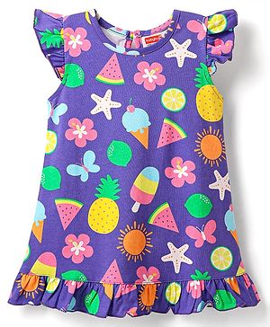 Babyhug Cotton Knit Frill Sleeves Nighty With Tropical Theme Print - Purple