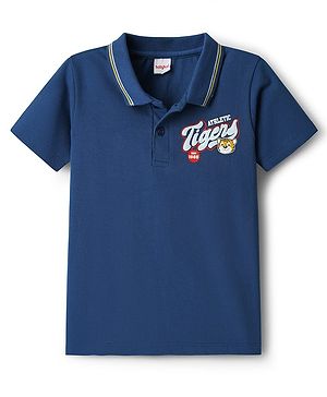 Babyhug 100% Cotton Knit Half Polo T-Shirt with Tiger Print - Navy Blue