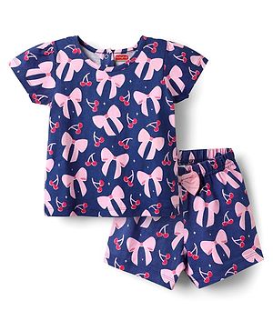 Babyhug Cotton Knit Half Sleeves Shorts Co-ord Night Suit With Bow - Navy Blue