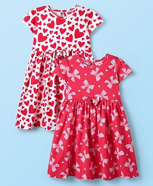 Babybug 100% Cotton Half Sleeves Hearts & Bow Printed Frocks With Bow Applique Pack Of 2 - Red