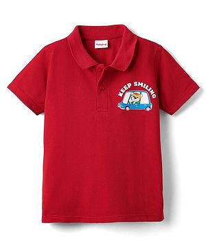 Babyhug 100% Cotton Knit Half Sleeves Polo T- Shirt with Tiger Print - Red