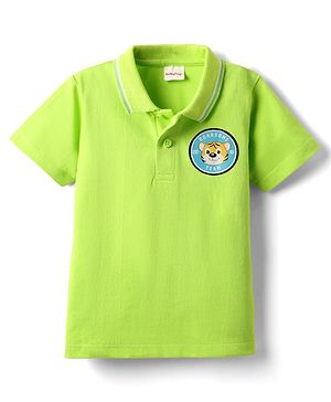 Babyhug 100% Cotton Knit Half Sleeves Polo T-Shirt with Patch Detailing - Limegreen