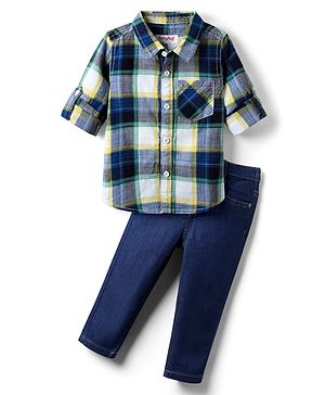 Babyhug Cotton Woven Full Sleeves Checkered Shirt & Denim Jeans Set - Navy Blue