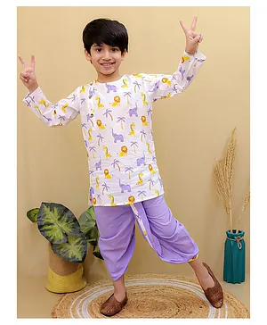 Superminis Cotton Full Sleeves Animals Printed Dhoti Kurta Set - Purple & White