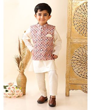 Superminis Cotton Full Sleeves Solid Kurta Pyjama With Abstract Printed Jacket - Cream