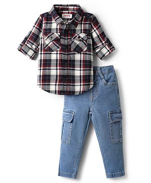 Babyhug Cotton Woven Full Sleeves Checks Shirt & Denim Jeans Set - Blue