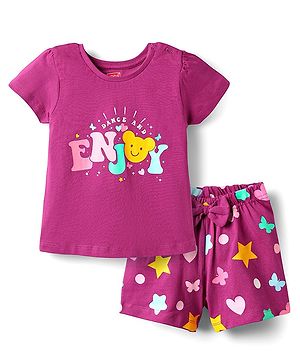 Babyhug Cotton Knit Half Sleeves Shorts Night Suit With Enjoy Text Print & Star - Dark Pink