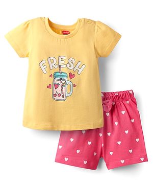 Babyhug Cotton Knit Half Sleeves Shorts Night Suit With Fresh Text Print & Bow Applique  - Yellow & Pink