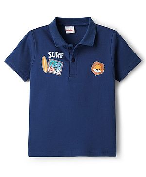 Babyhug 100% Cotton Knit Half Sleeves Polo T-Shirt With Surf Theme Print - Navy Blue