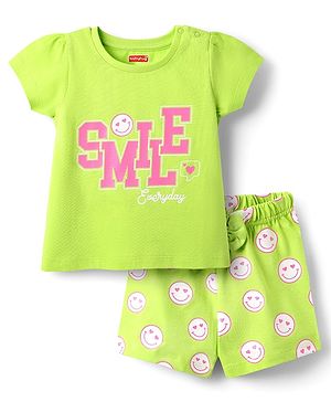 Babyhug Cotton Knit Half Sleeves Shorts Night Suit With Smile Text Print - Lime Green