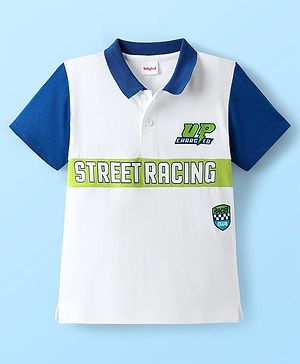 Babyhug 100% Cotton Knit Half Sleeve Polo T-Shirt with Street Racing Text Print - White & Blue