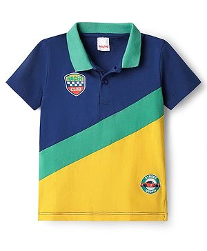 Babyhug 100% Cotton Knit Half Sleeves Cut & Sew Polo T-Shirt With Badge Print - Navy Blue & Yellow