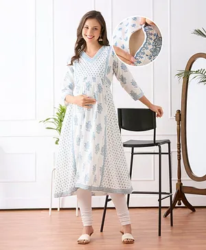 Bella Mama Woven Three Fourth Sleeves Maternity Kurta with Floral Print & Highlighted Neck - White & Blue