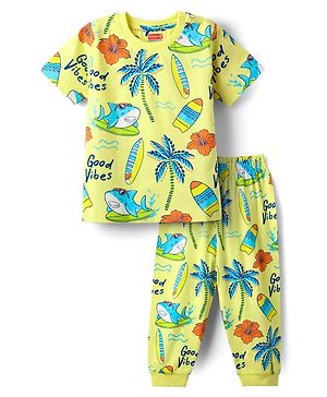 Babyhug Cotton Knit Half Sleeves Co-Ord Night Suit With Beach Theme Print - Yellow