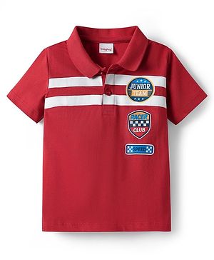 Babyhug 100% Cotton Knit Half Sleeves Polo T-Shirt with Text Print & Stripes - Red