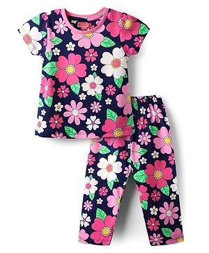 Babyhug Cotton Knit Half Sleeves Co-Ord Night Suit With Floral  Print - Navy Blue