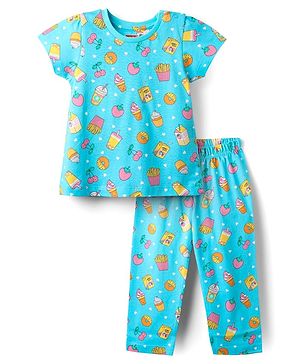 Babyhug Cotton Knit Half Sleeves Co-Ord Night Suit With Tropical Print - Light Blue