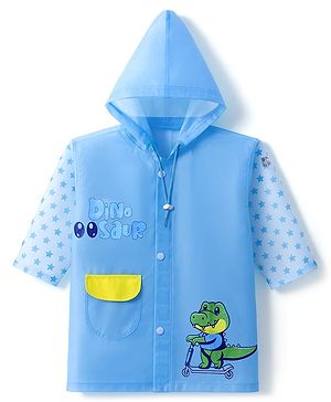 Babyhug Full Sleeves Below Knee Length Hooded Raincoat With Dinosaur & Star Print - Blue