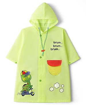 Babyhug Full Sleeves Hooded Raincoat with Dino Print - Limegreen