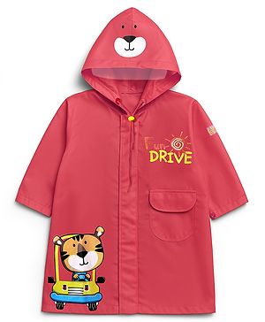 Babyhug Full Sleeves Hooded Raincoat With Tiger Print - Red