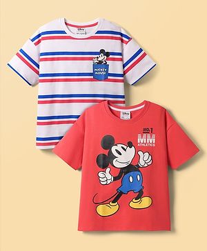 HoneyHap Disney Terry Knit Half Sleeves Drop Shoulder T-Shirts With Mickey Mouse Graphic Pack Of 2 - Red