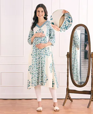 Bella Mama Woven Three Fourth Sleeves
                              With Contrast Yoke Maternity Kurta with
                              Floral Print - Blue