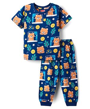 Babyhug Cotton Knit Half Sleeves Co-Ord Night Suit With Animal  Print - Navy Blue
