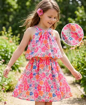 Hola Bonita Woven Sleeveless
                                  Halter Neck Frocks With Floral Print -
                                  Pink