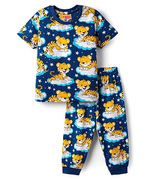 Babyhug Cotton Knit Half Sleeves Co-Ord Night Suit With Animal  Print - Navy Blue