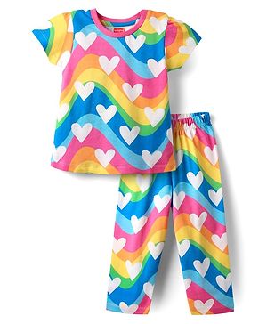 Babyhug Cotton Knit Half Sleeves Co-Ord Night Suit With Heart Print - Pink & Blue