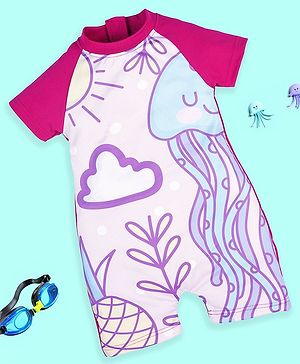 Kiddopanti Half Raglan Sleeves Jelly Fish Printed Swimsuit - Hot Pink
