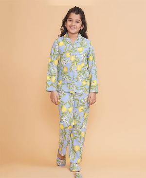 Piccolo Cotton Woven Full Sleeves Floral & Lemon Printed Coordinating Night Suit With Flip Flop Set - Blue