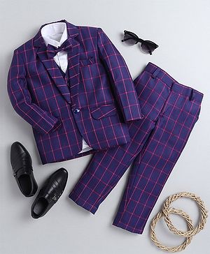 Jeet Ethnics Full Sleeves Checked 4 Piece Party Suit Set With Bow - Navy Blue