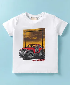 Lazy Bones Sinker Half Sleeves T-Shirt With Jeep Print - White