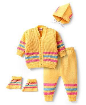 Babyhug Knitted Full Sleeves Striped Front Open Sweater Set with Booties & Cap - Yellow