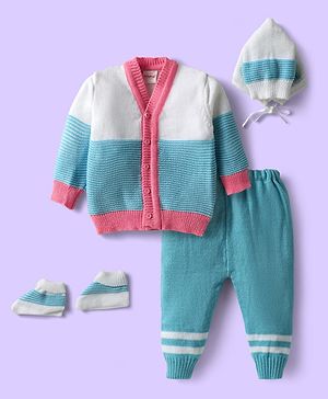 Babyhug Knit Front Open Striped & Color Block Front Open Sweater Set with Cap & Booties - Teal Blue