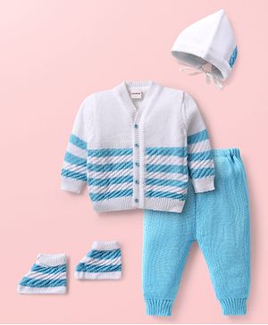 Babyhug Knitted Full Sleeves Striped Front Open Sweater with Booties & Cap 4 Piece Set - Light Blue & White
