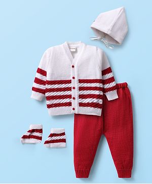 Babyhug Knitted Full Sleeves Striped Front Open Sweater with Booties & Cap 4 Piece Set - Red & White