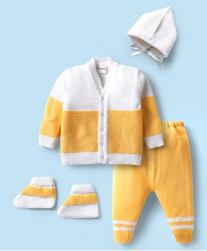 Babyhug Knitted Full Sleeves Color Block Front Open Sweater with Booties & Cap 4 Piece Set - Yellow & White