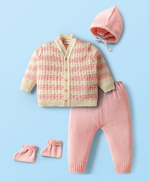 Babyhug Knit Full Sleeves Front Open Sweater Set with Cap with Knot & Booties - Pink & White