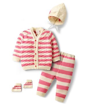 Babyhug Knit Full Sleeves Front Open Co-Ord Sweater Set with Stripe Design Cap with Knot & Booties - Pink & White