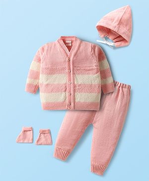 Babyhug Knit Full Sleeves Front Open Sweater Set with Stripe Design Cap with Knot & Booties - Pink & White