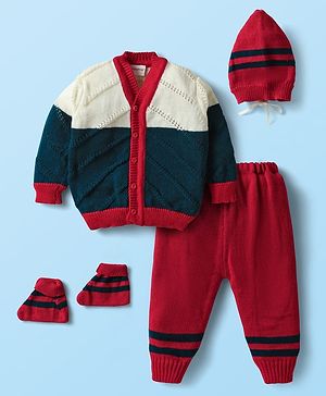 Babyhug Knit Front Open Striped & Color Block Front Open Sweater Set with Cap & Booties - Red & Navy Blue