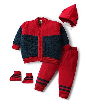 Babyhug Knit Full Sleeves Front Open Sweater Set with Color Block Design Cap with Knot & Booties - Red & Navy Blue