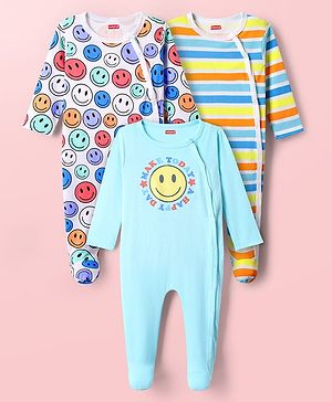 Babyhug Interlock Knit Full Sleeves Striped & Smiley Printed Footed Sleep Suits Pack of 3 - Multicolor