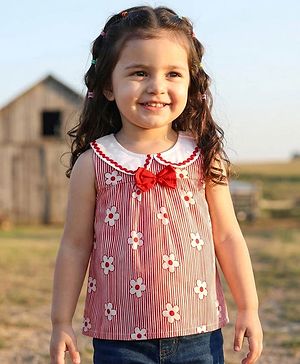 Babyhug Rayon Woven Sleeveless Striped Peter Pan Collared Top with Bow Applique & Floral Print - Red