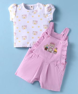 ToffyHouse Knitted Woven Half Sleeves T-Shirt & Dungaree With Animal Print - Pink