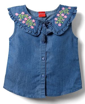 Babyhug Sleeveless Front Open Peter Pan Collared Denim Top with Floral Embroidery - Navy Blue