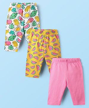Babyhug Cotton Lycra Knit Three Fourth Fruit Printed Leggings Pack of 3 - Pink Yellow & White