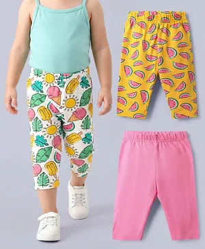 Babyhug Cotton Lycra Knit Three
                              Fourth Fruit Printed Leggings Pack of 3 -
                              Pink Yellow & White